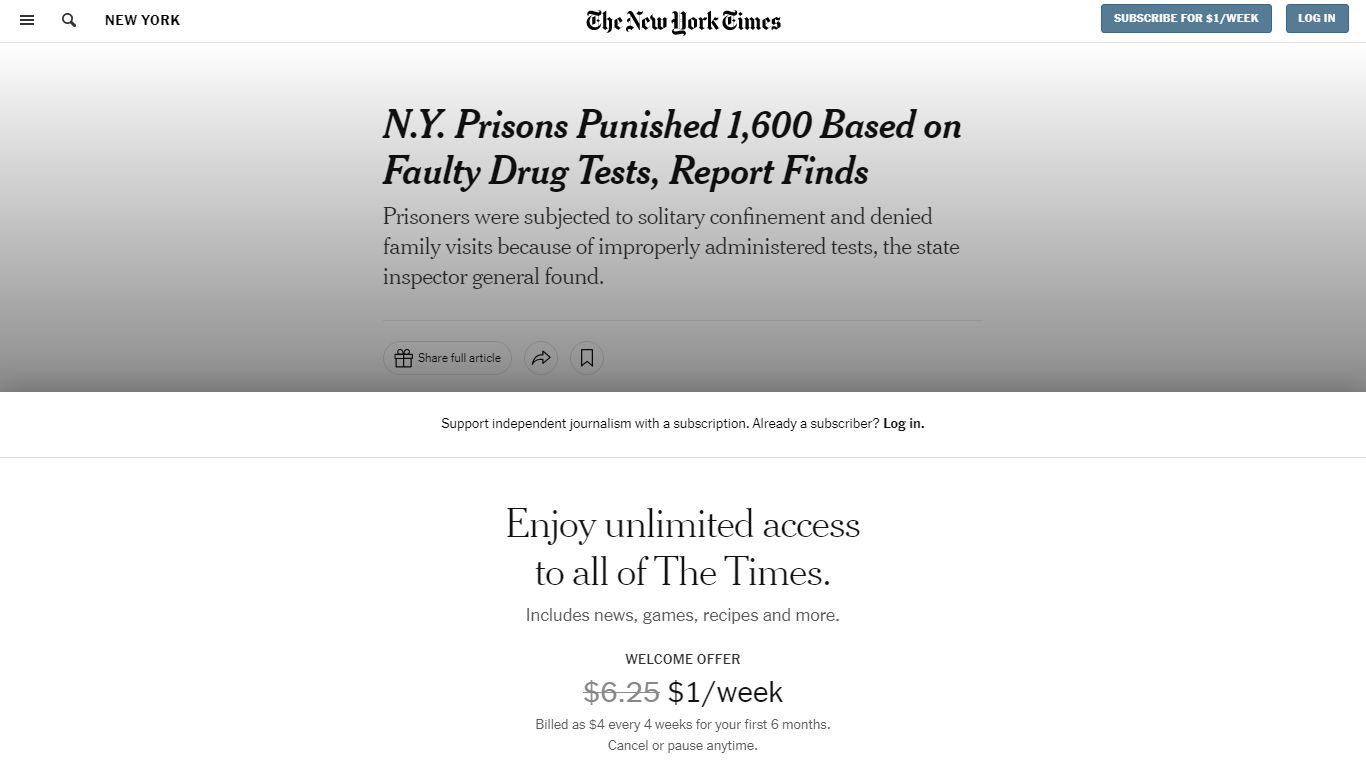 N.Y. Prisons Punished 1,600 Based on Faulty Drug Tests, Report Finds